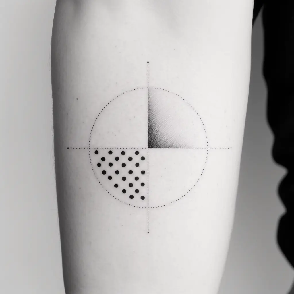 minimal tattoo, symmetrical, line, dots, square, triangle, circle, black and white white background